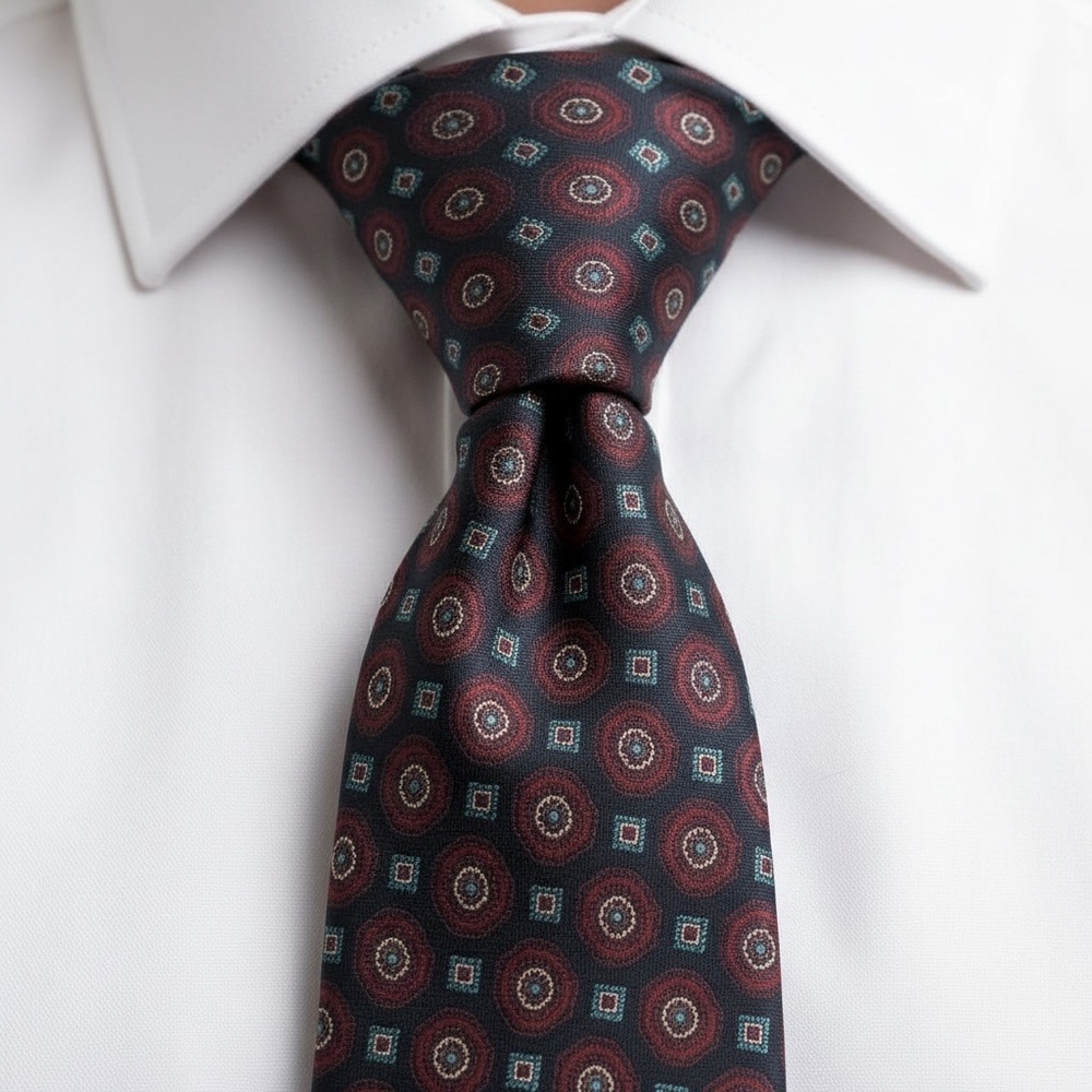Vtg 80s Oscar de la Renta Couture Neck Tie Maroon Geometric Print Preppy Classic